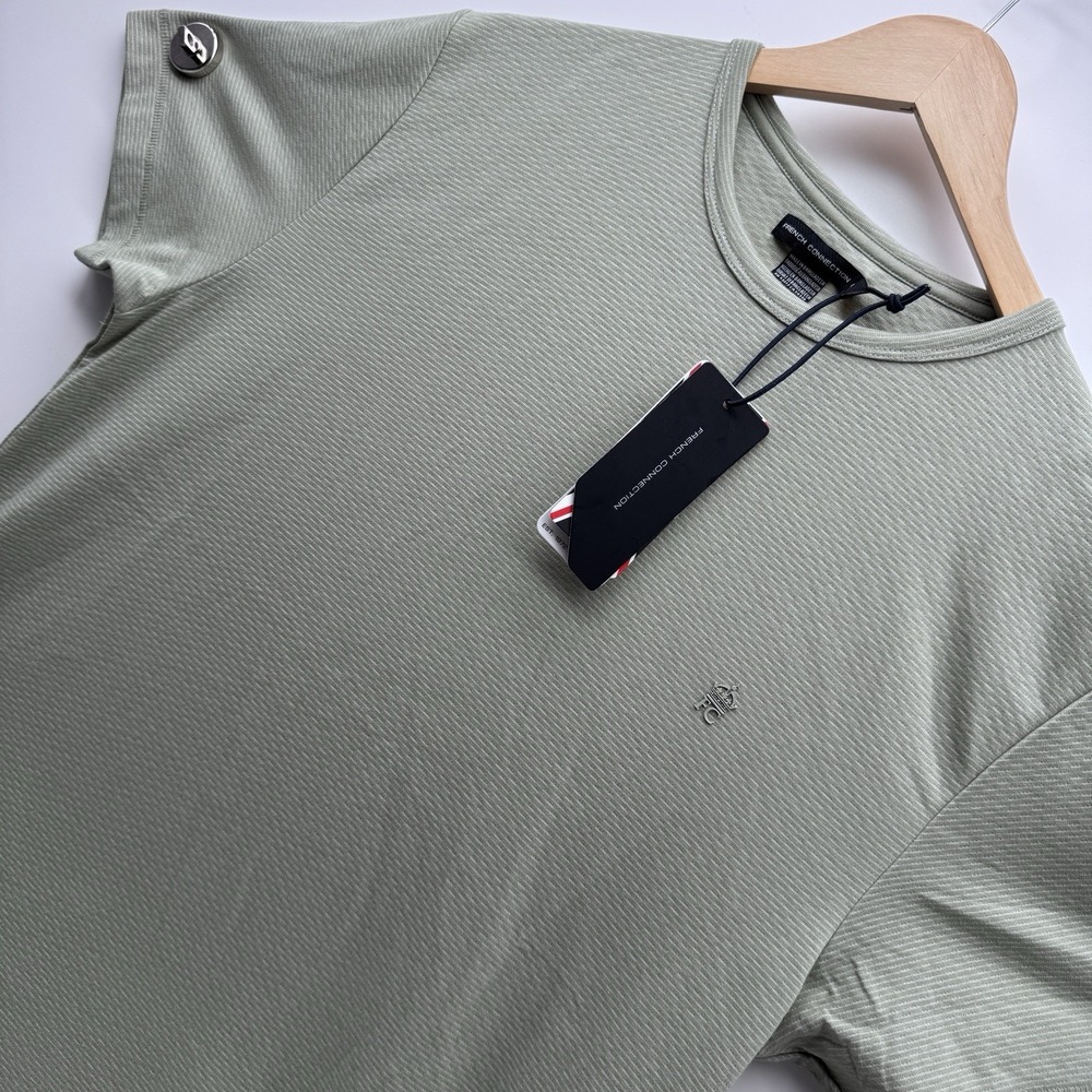 French Connection Mens Textured T Shirt Sage Sz L Crew Neck Embroidered Tonal